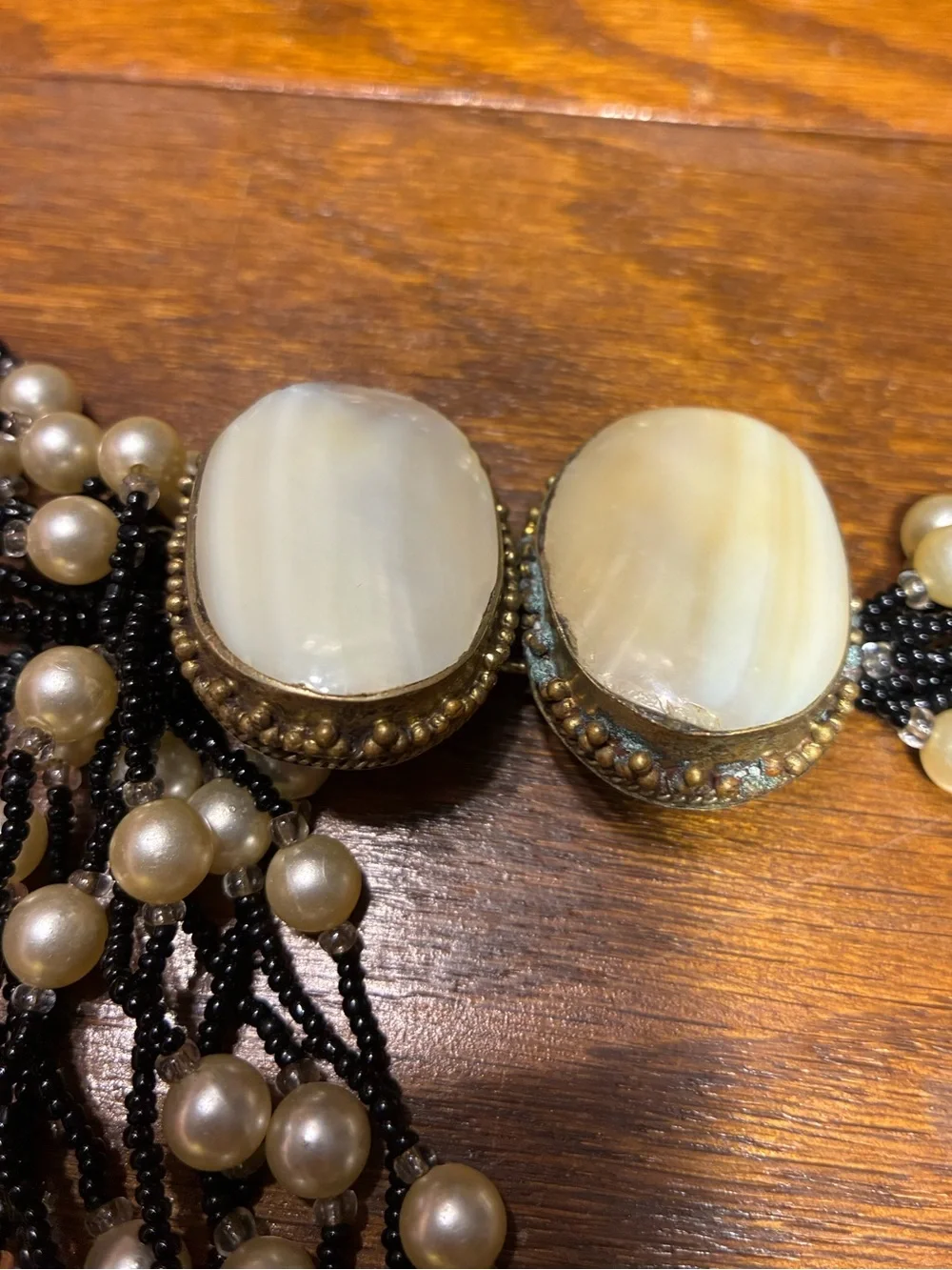 Vintage Mother Of Pearl Brass Beaded Boho Statement Belt Black Ivory OS
